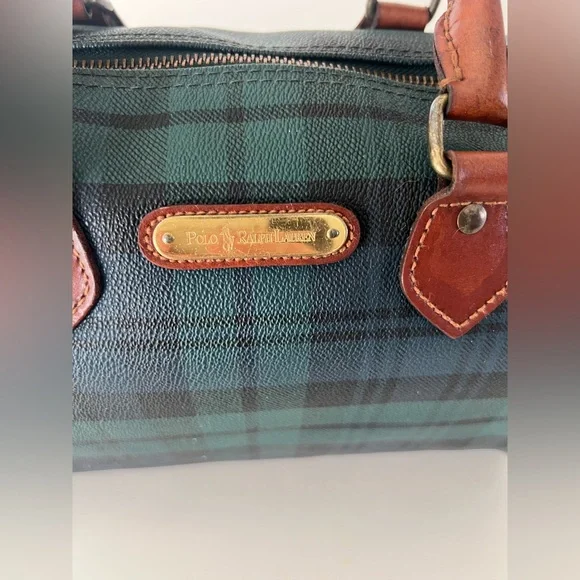 Polo Ralph Lauren Vintage Blackwatch Plaid Leather Boston Satchel Hand Bag - Picture 2 of 16